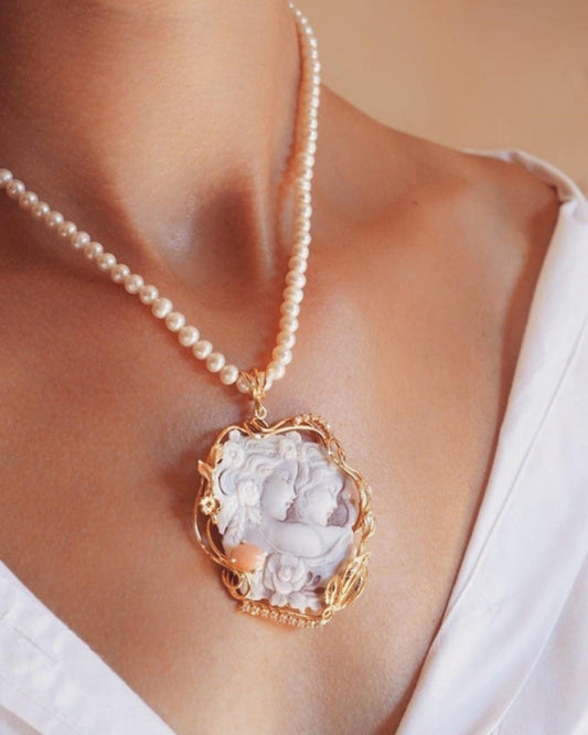 Genuine cameo necklace, Freshwater pearls, sea shell handmade cameo necklace, silver sterling 925, custom gift for her, wedding anniversary
