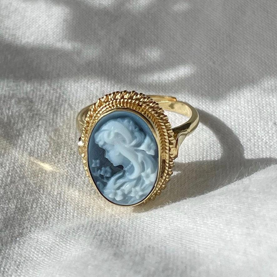 Blue cameo adjustable ring, 18k gold ring silver sterling 925, gift for her, made in Italy, bridal jewelry, gold cameo ring, mother gift