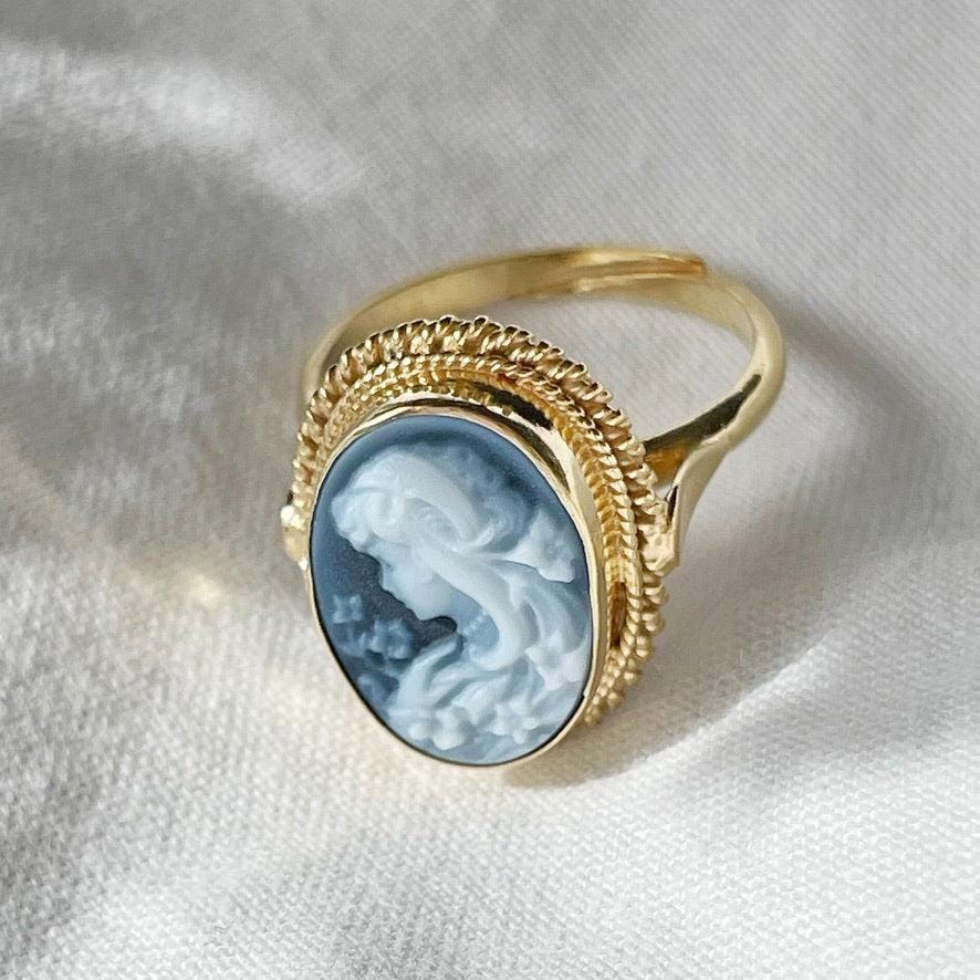 Blue cameo adjustable ring, 18k gold ring silver sterling 925, gift for her, made in Italy, bridal jewelry, gold cameo ring, mother gift