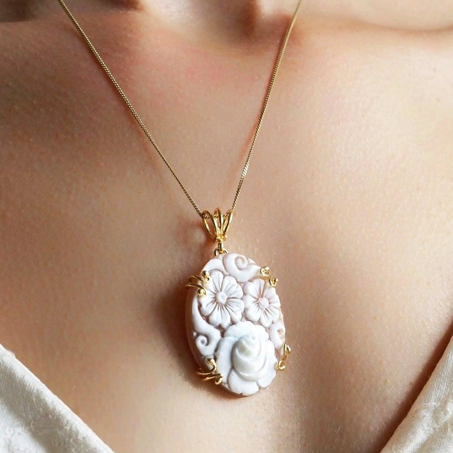 Floral Rose Cameo Necklace