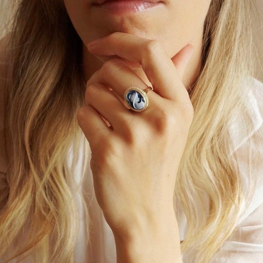 Blue cameo ring, 18K gold plated, silver sterling 925, made in Italy, waterproof ring, victorian style, gold cameo ring, vintage cameo ring