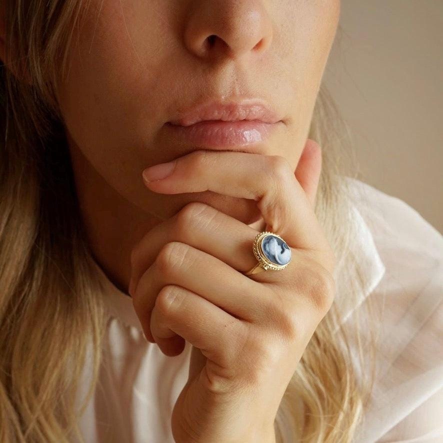 Blue cameo ring, 18K gold plated, silver sterling 925, made in Italy, waterproof ring, victorian style, gold cameo ring, vintage cameo ring