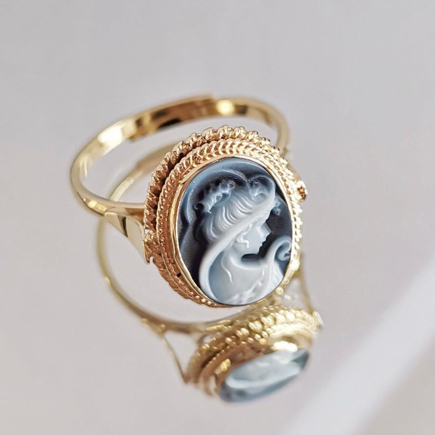 Blue cameo ring, 18K gold plated, silver sterling 925, made in Italy, waterproof ring, victorian style, gold cameo ring, vintage cameo ring