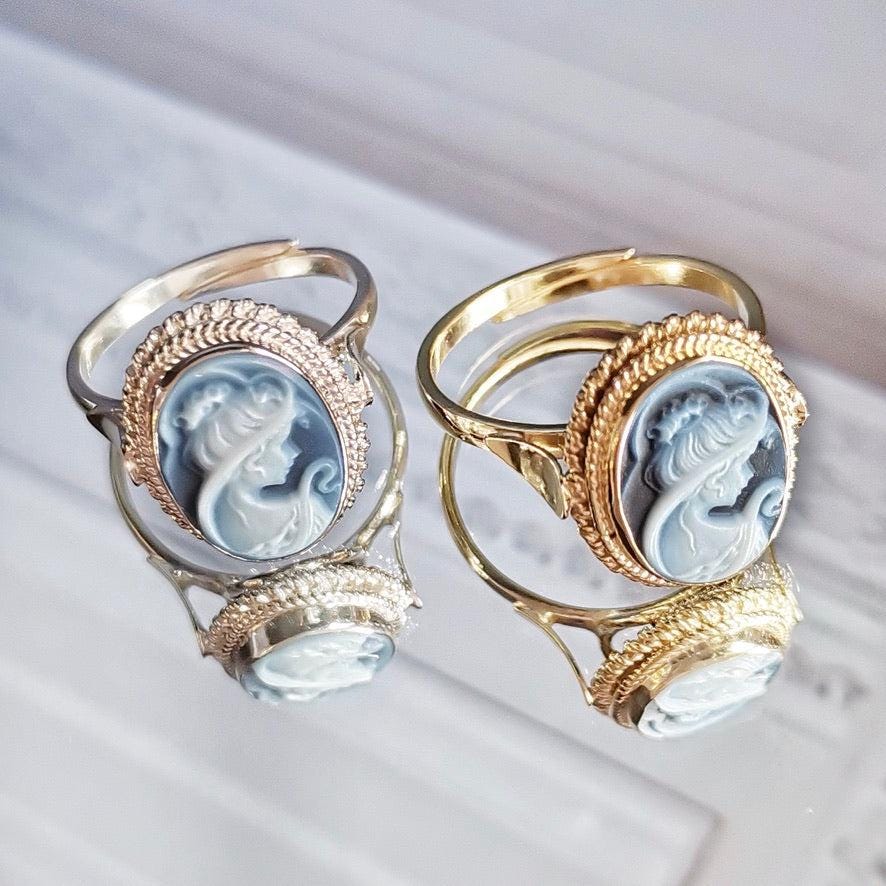 Blue cameo ring, 18K gold plated, silver sterling 925, made in Italy, waterproof ring, victorian style, gold cameo ring, vintage cameo ring