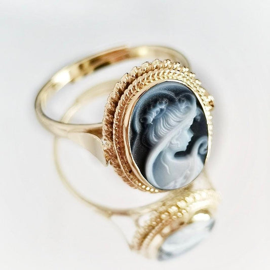 Blue cameo adjustable ring, 18K gold silver sterling, gift for her, made in Italy, waterproof ring, victorian style, gold cameo ring, mother