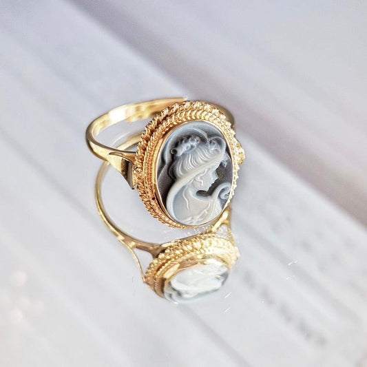 Blue cameo ring, 18K gold plated, silver sterling 925, made in Italy, waterproof ring, victorian style, gold cameo ring, vintage cameo ring