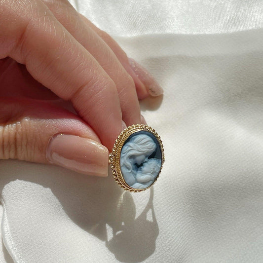 Blue cameo adjustable ring, 18kt gold ring, mother and child, gift for her, made in Italy, Jesus and Mary, baby Jesus ring, Virgin Mary, mom