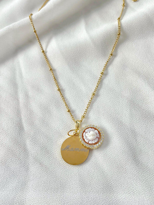 CUSTOM NAME PENDANT & ROSE CAMEO