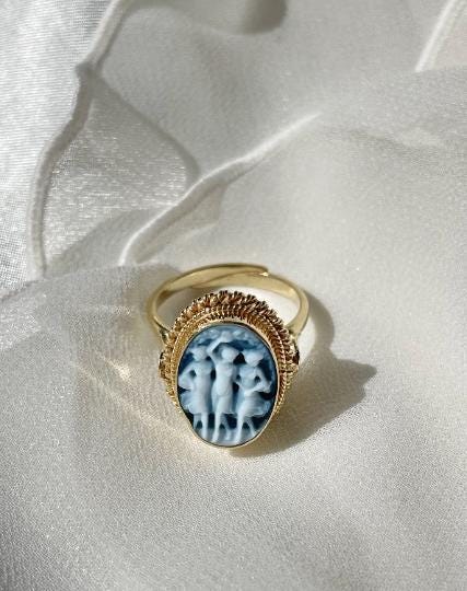 Blue cameo ring, 18K gold, The Three Graces, adjustable ring, silver sterling 925, gift for her, made in Italy, Charites, free shipping, mom