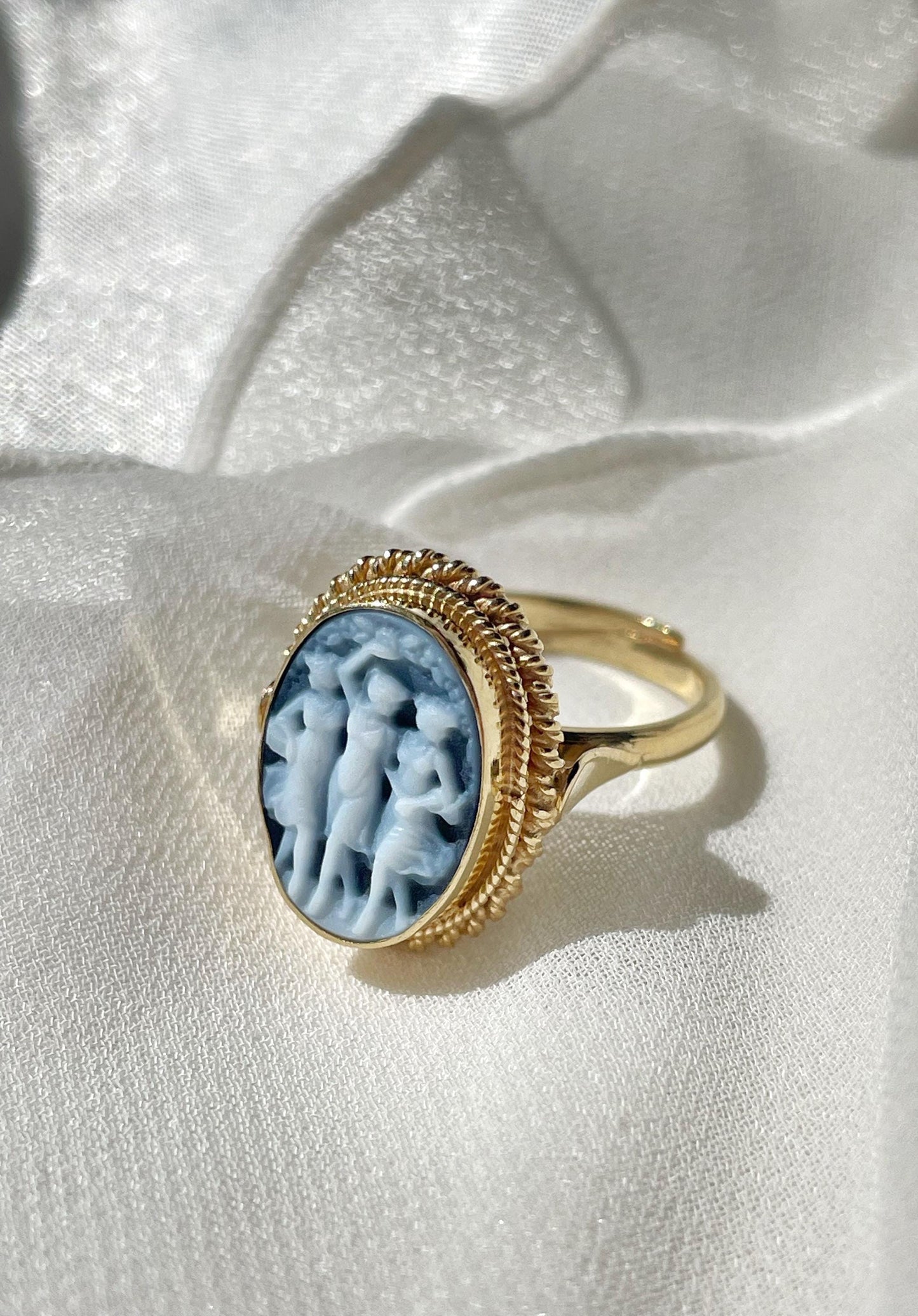 Blue cameo ring, 18K gold, The Three Graces, adjustable ring, silver sterling 925, gift for her, made in Italy, Charites, free shipping, mom