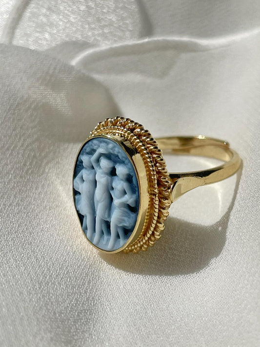 Blue cameo ring, 18K gold, The Three Graces, adjustable ring, silver sterling 925, gift for her, made in Italy, Charites, free shipping, mom