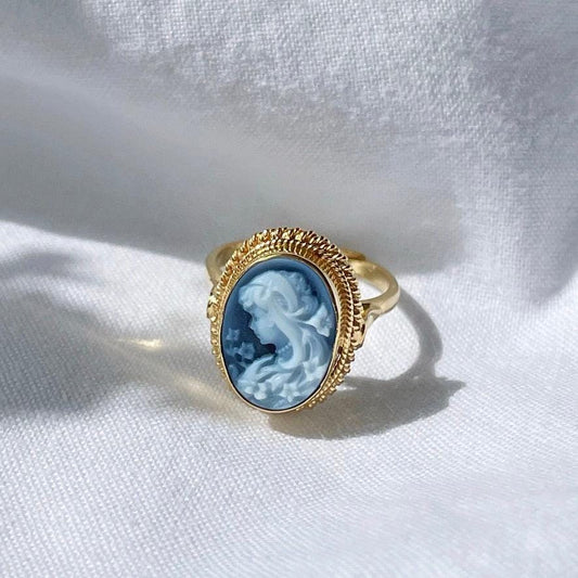 Blue cameo adjustable ring, 18k gold ring silver sterling 925, gift for her, made in Italy, bridal jewelry, gold cameo ring, mother gift