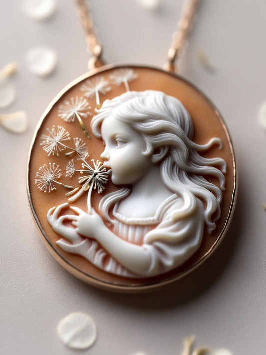 Girl and dandelion cameo necklace