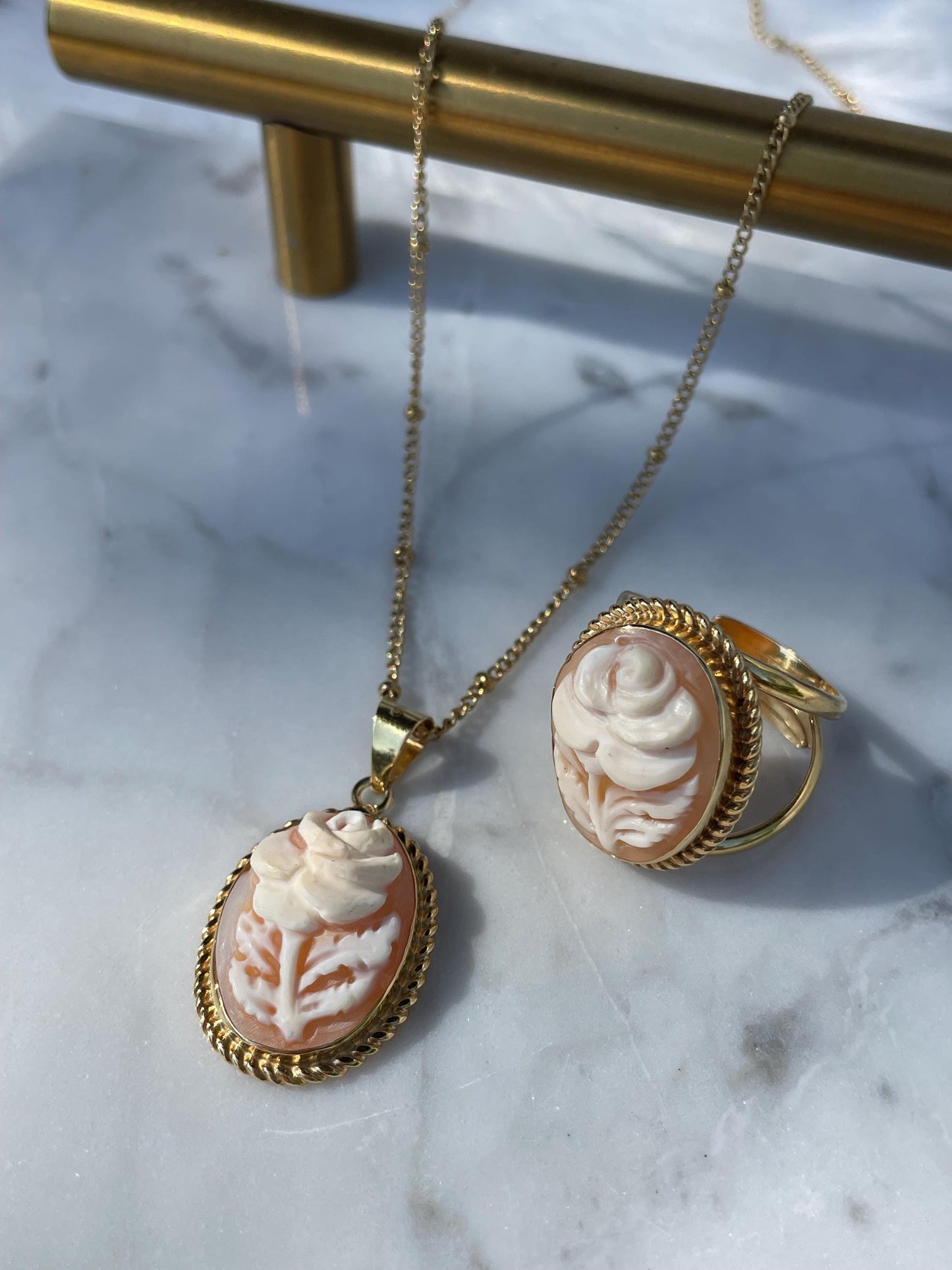 Rose Cameo set, 18K gold plated silver sterling necklace, cameo ring, made in Italy, bridal jewellery, unique wedding gift, made in Italy