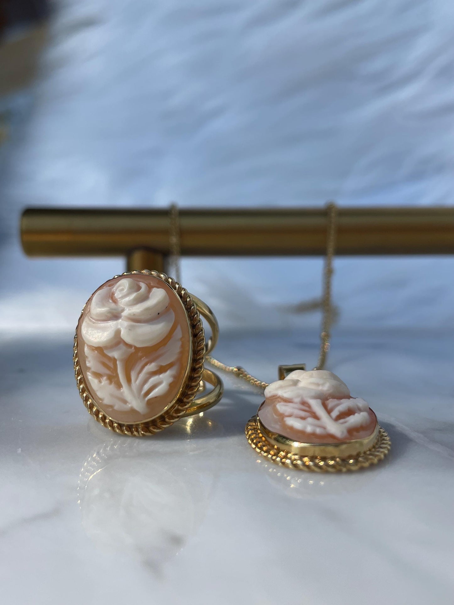 Rose Cameo set, 18K gold plated silver sterling necklace, cameo ring, made in Italy, bridal jewellery, unique wedding gift, made in Italy