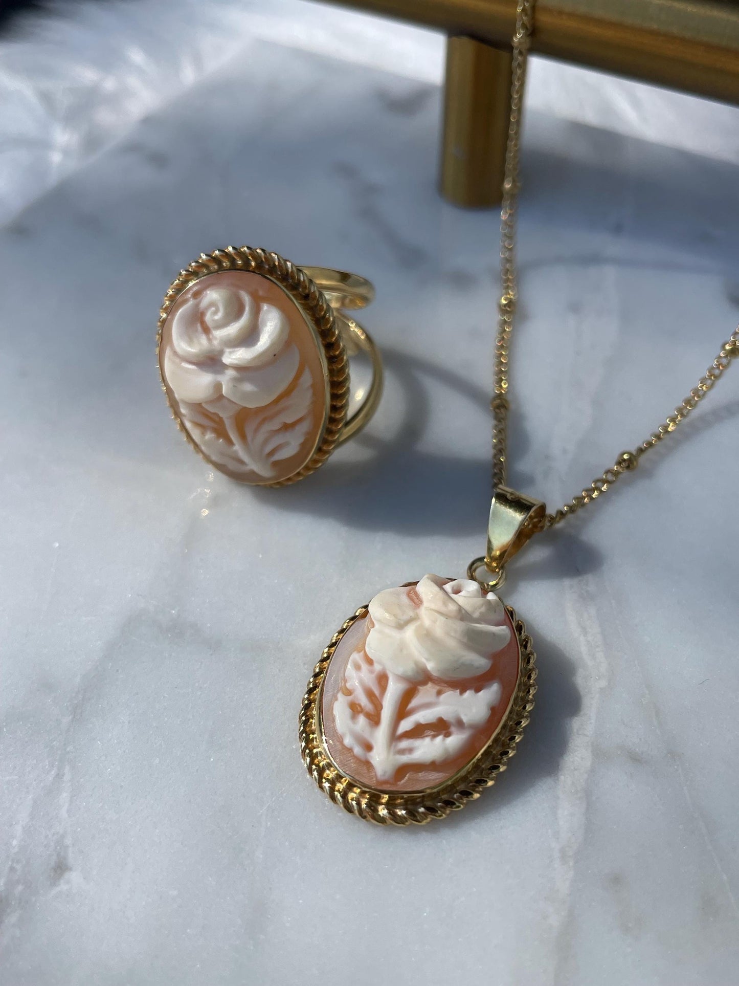 Rose Cameo set, 18K gold plated silver sterling necklace, cameo ring, made in Italy, bridal jewellery, unique wedding gift, made in Italy