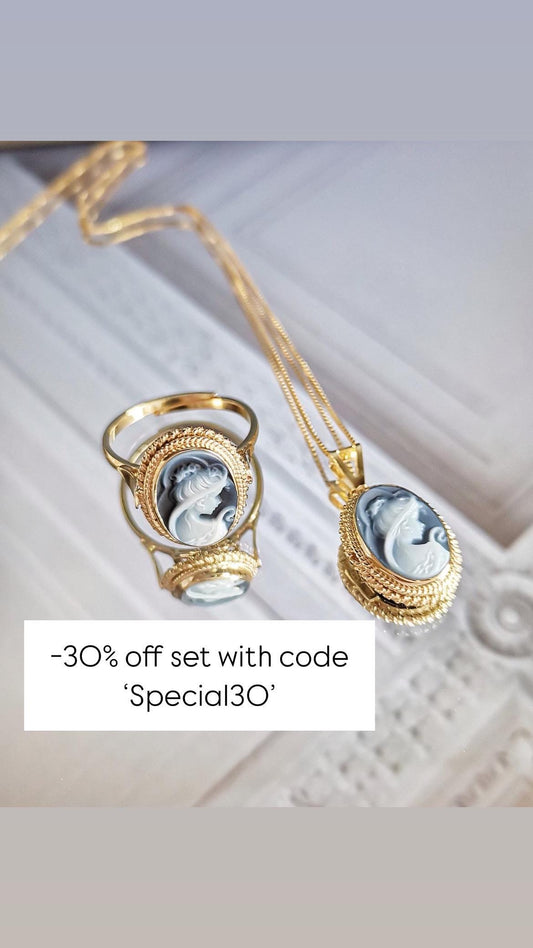 Blue cameo set, 18K gold necklace, cameo jewelry, made in Italy, gift for her, cameo ring, cameo set, cameo necklace, mothers day jewelry se