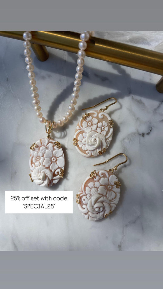 Floral cameo set, freshwater pearls necklace, personalised gift for her, bridal necklace, wedding, genuine Italian cameo, dainty necklace