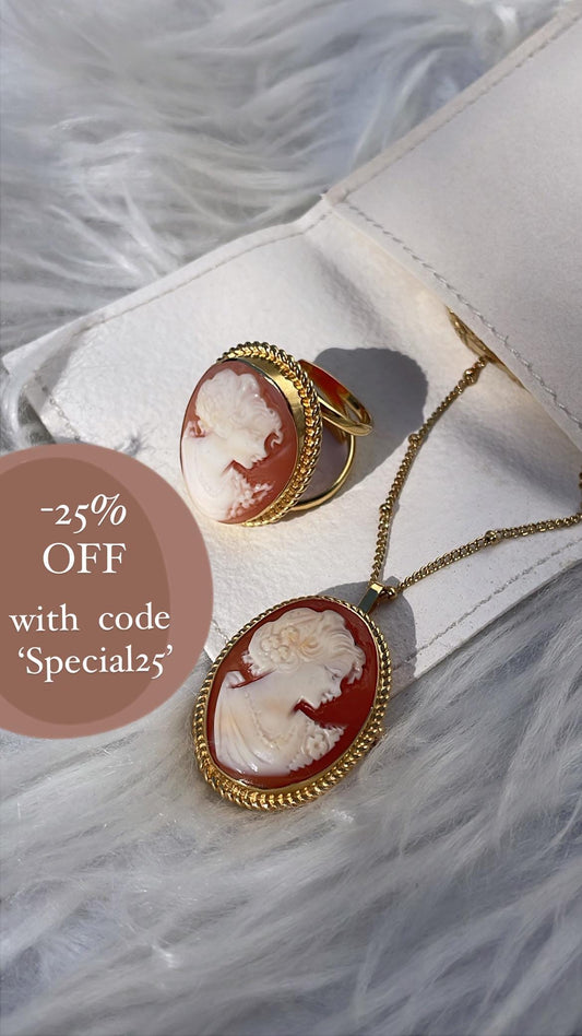 Classic Cameo set, 18K gold necklace, genuine cameo, handmade in Italy, sea shell cameo, wedding gift,  jewelry set, mother's day, mum gift