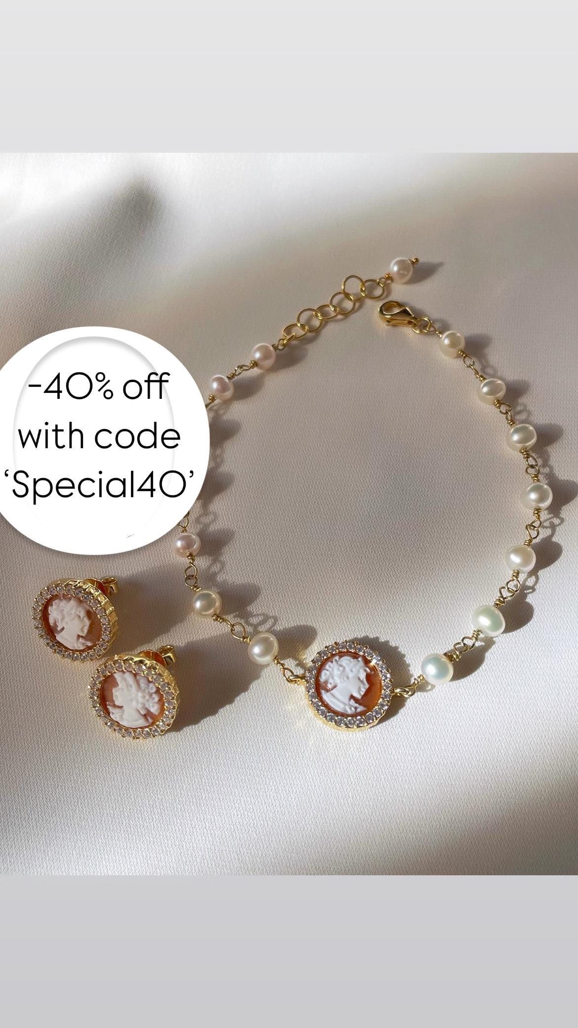 Cameo Set, cameo bracelet & earrings set, handmade jewelry, wedding and anniversary gift, minimalist gold bracelet, custom gifts, dainty,