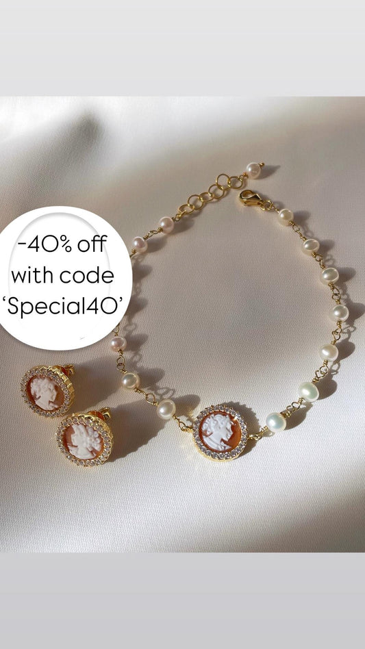 Cameo Set, cameo bracelet & earrings set, handmade jewelry, wedding and anniversary gift, minimalist gold bracelet, custom gifts, dainty,
