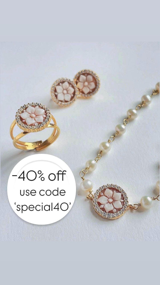 3 Piece cameo jewelry set, cameo bracelet, ring and earrings, floral jewelry, anniversary gift, wedding gift, jewelry gift set, birth flower