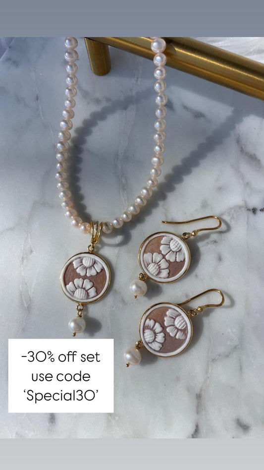 Floral cameo set, freshwater pearls, personalised gift for her, bridal necklace, wedding, dainty necklace, jewelry set, Mothers Day jewelry