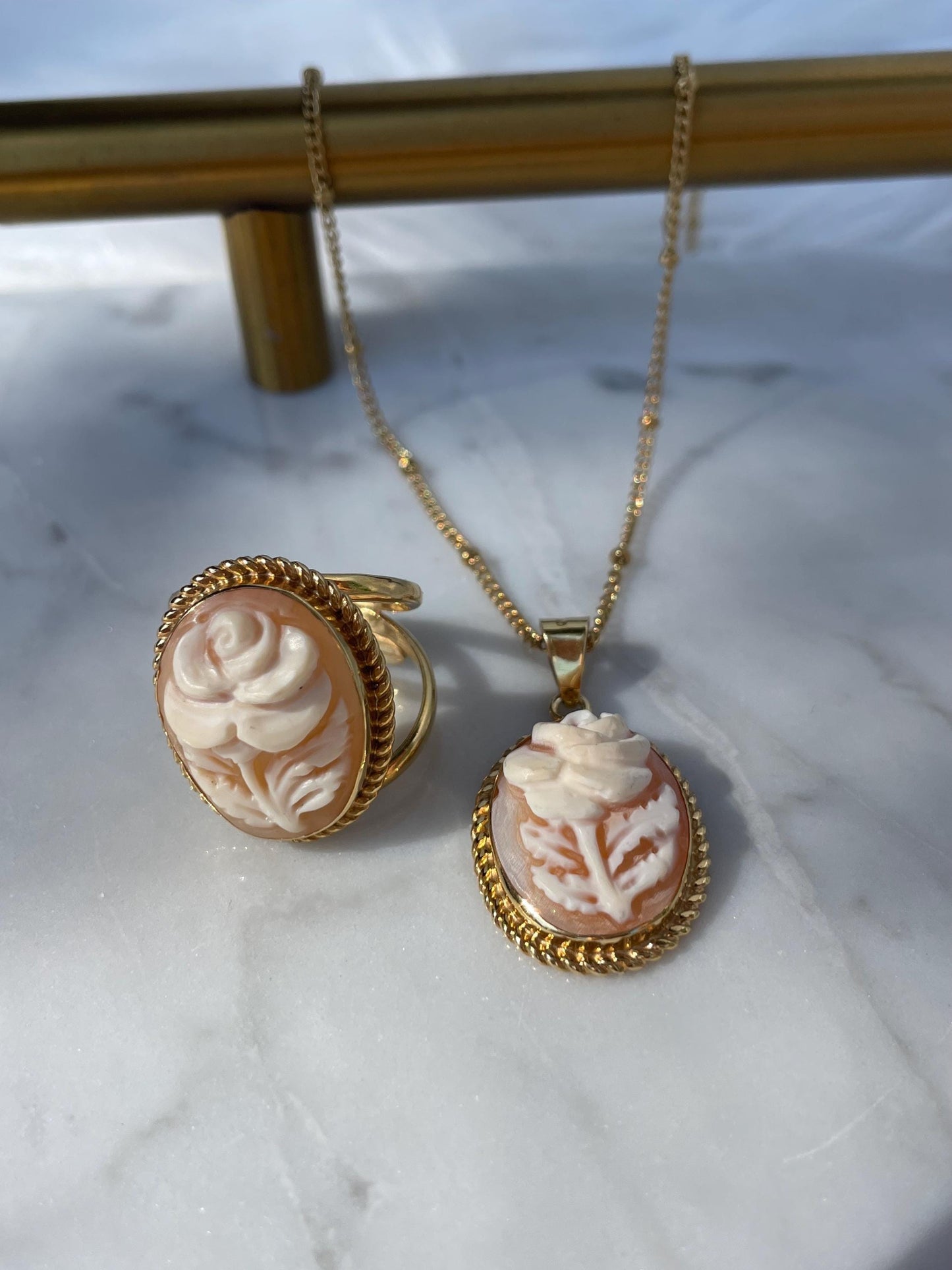 Rose Cameo set, 18K gold plated silver sterling necklace, cameo ring, made in Italy, bridal jewellery, unique wedding gift, made in Italy