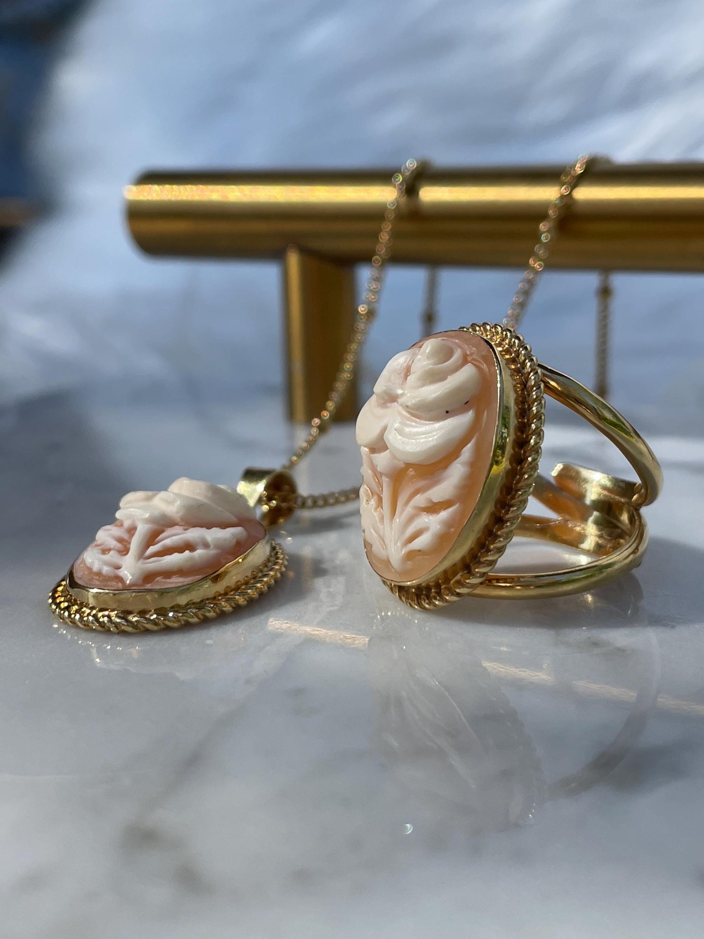 Rose Cameo set, 18K gold plated silver sterling necklace, cameo ring, made in Italy, bridal jewellery, unique wedding gift, made in Italy