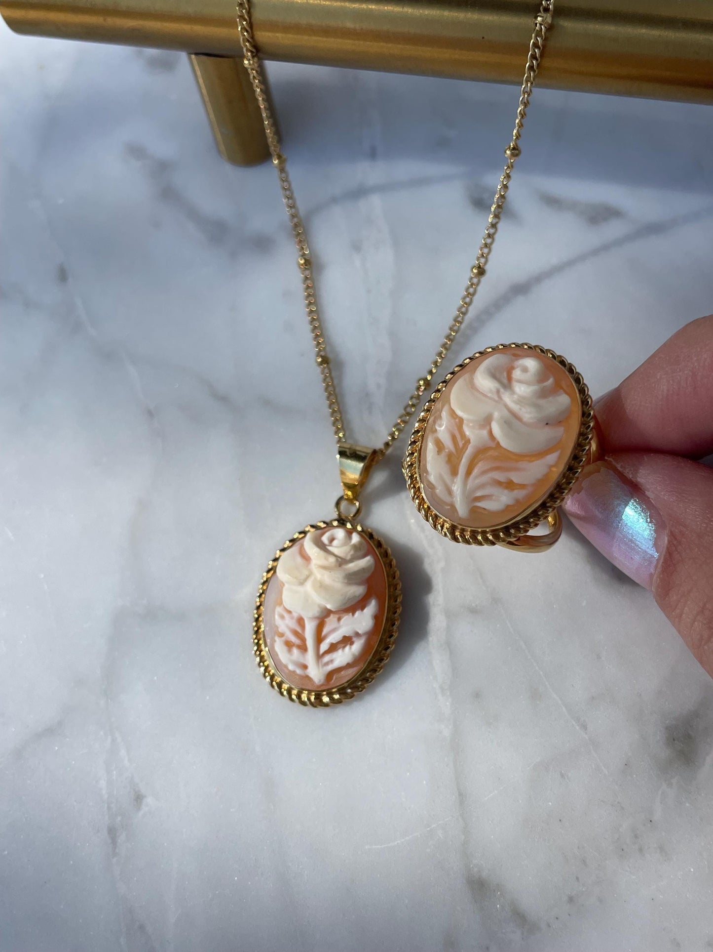 Rose Cameo set, 18K gold plated silver sterling necklace, cameo ring, made in Italy, bridal jewellery, unique wedding gift, made in Italy