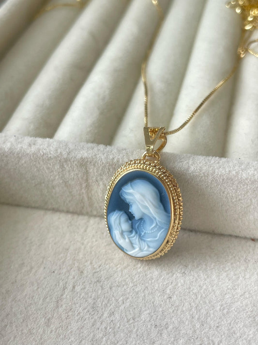 Mother & Child blue cameo necklace