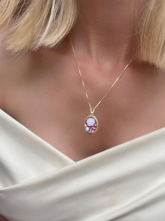 Red cameo rose necklace, 18k gold jewelry, made in Italy, personalised gift for her, agate cameo, cameé , cameo necklace, gift for Mother