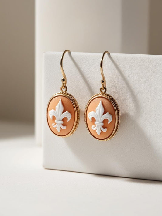 Fleur de Lis earrings, cameo drop earrings, 18K gold earrings, anniversary gift, bridal jewelry, made in Italy, custom unique gift, camée
