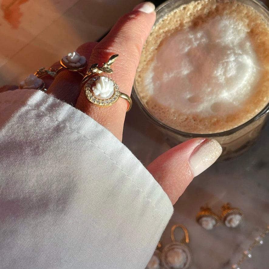 18K gold cameo ring, leaf & rose ring, wrap ring, golden silver sterling, minimalist, stackable ring set, bridal jewelry, gifts under 100