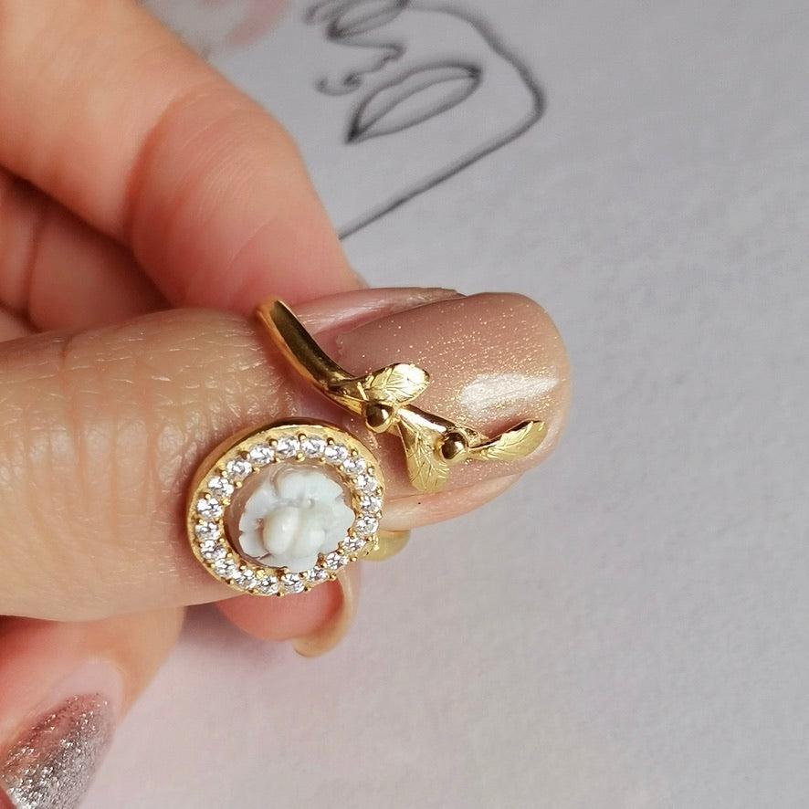 18K gold cameo ring, leaf & rose ring, wrap ring, golden silver sterling, minimalist, stackable ring set, bridal jewelry, gifts under 100
