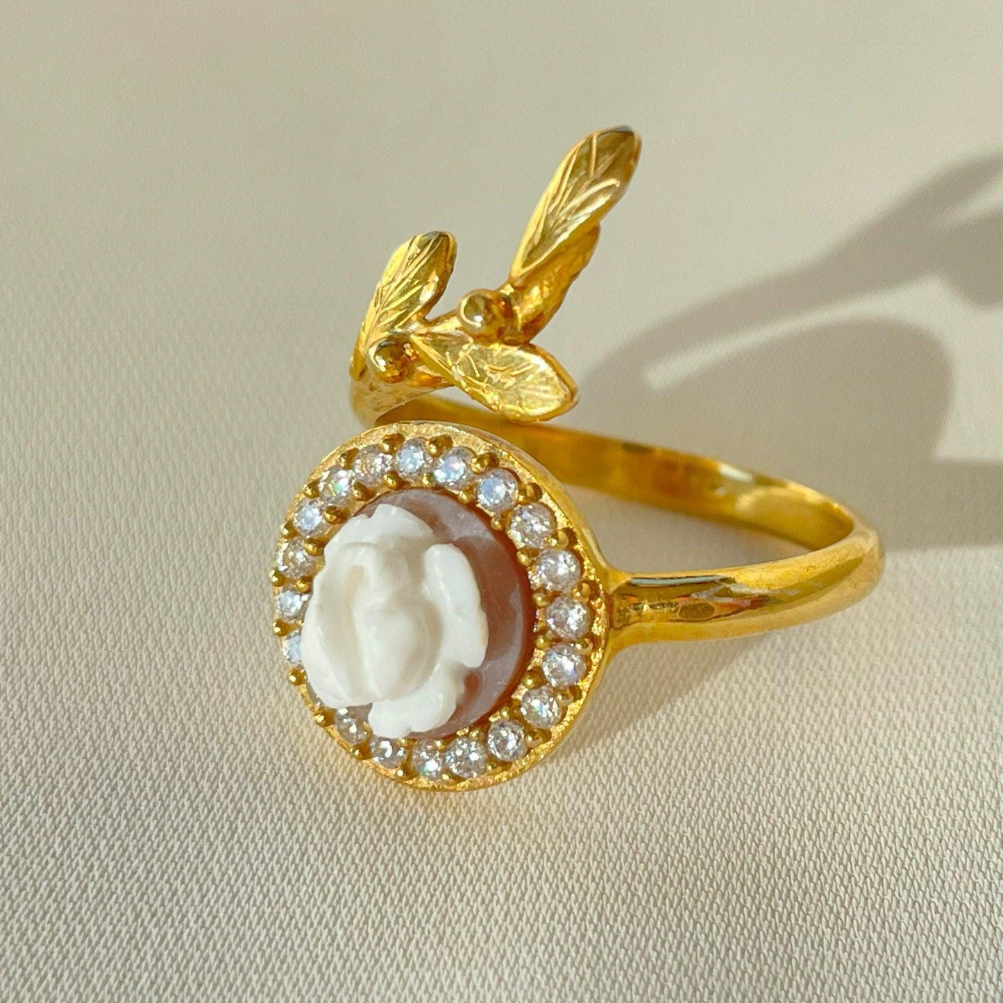18K gold cameo ring, leaf & rose ring, wrap ring, golden silver sterling, minimalist, stackable ring set, bridal jewelry, gifts under 100