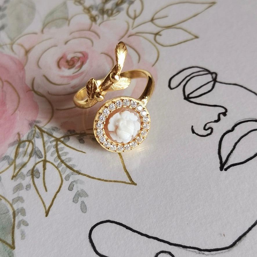 18K gold cameo ring, leaf & rose ring, wrap ring, golden silver sterling, minimalist, stackable ring set, bridal jewelry, gifts under 100