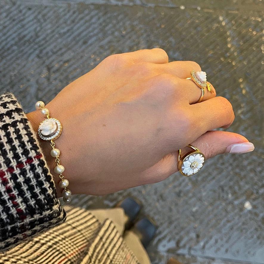 18K gold cameo ring, leaf & rose ring, wrap ring, golden silver sterling, minimalist, stackable ring set, bridal jewelry, gifts under 100