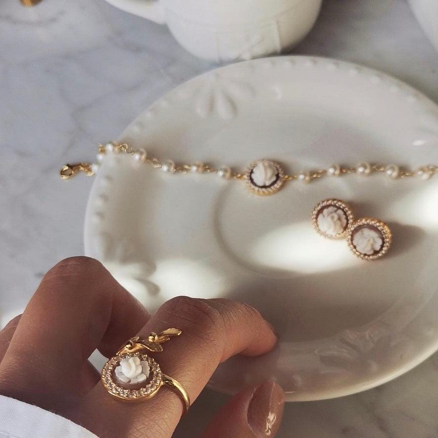 18K gold cameo ring, leaf & rose ring, wrap ring, golden silver sterling, minimalist, stackable ring set, bridal jewelry, gifts under 100