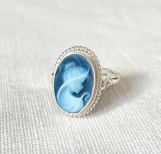 Blue cameo ring, adjustable band, silver sterling 925, gift for her, made in Italy, genuine Italian, cameo victorian style, agate cameo ring
