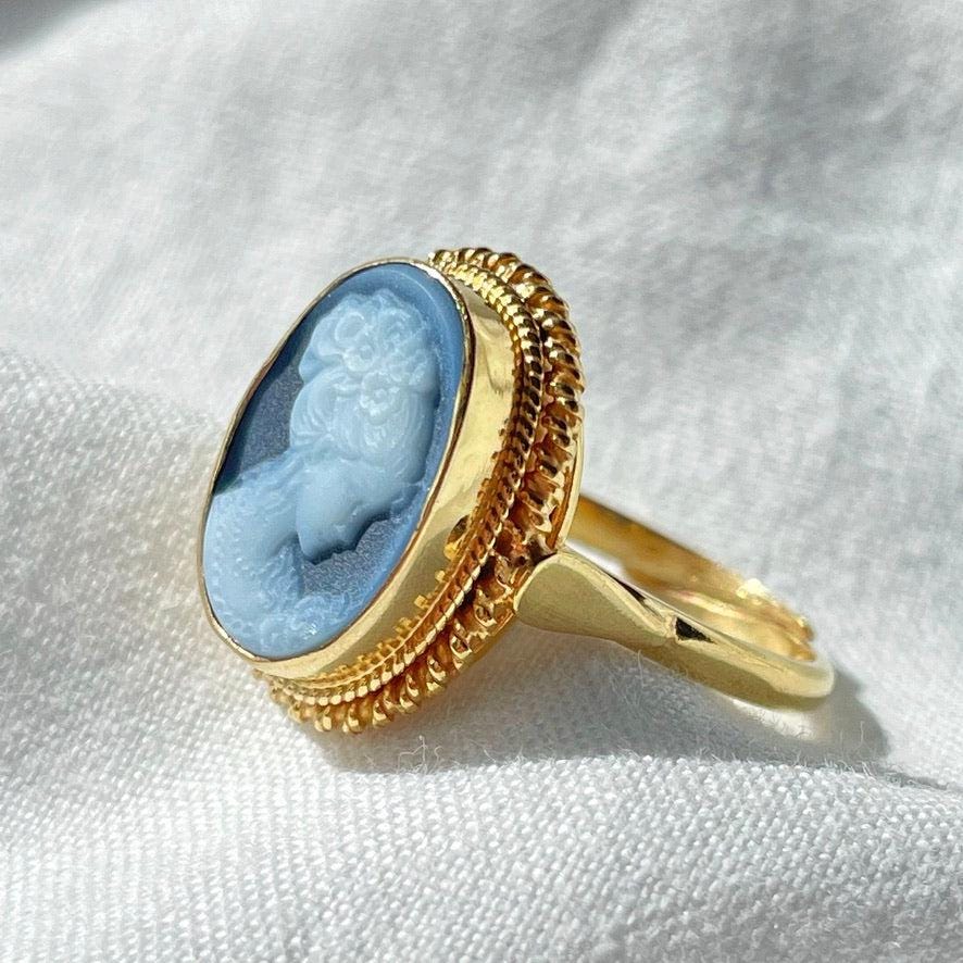 Blue cameo ring, 18k gold ring, adjustable ring, silver sterling 925, gift for her, made in Italy, blue cameo ring, antique cameo ring, mom
