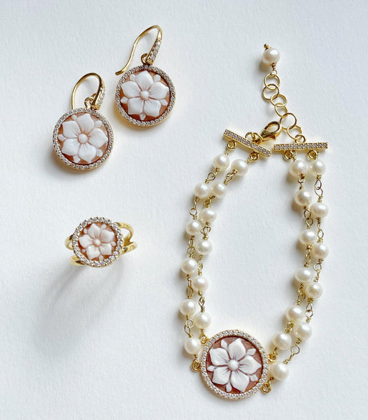 bridal set, cameo jewelry, 3 pieces floral jewelry set, bracelet, earrings, ring, anniversary gift, bridal jewelry, handmade cameo set, mom