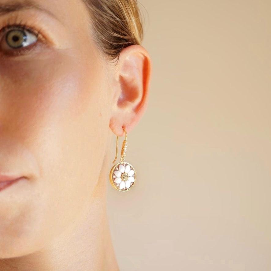 Handmade cameo drop earrings, floral theme, wedding and anniversary gift, gold earrings, made in Italy, custom unique gift, gifts under 100