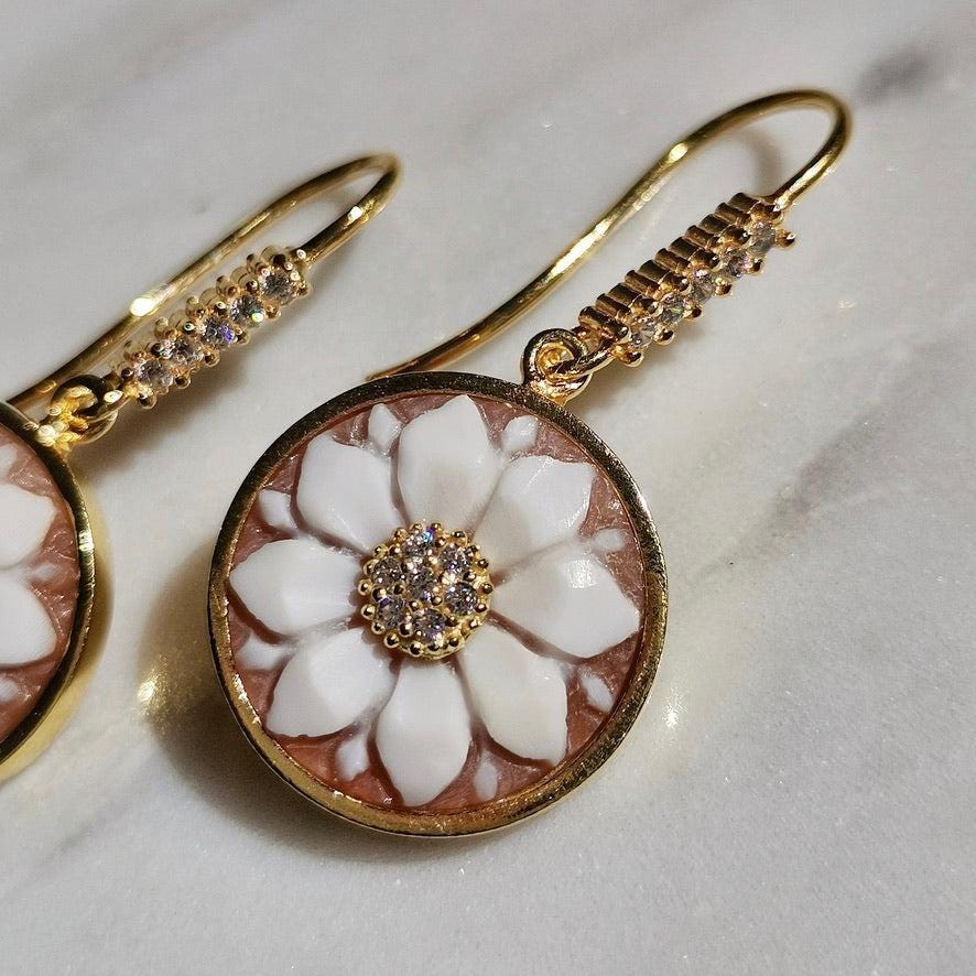 Handmade cameo drop earrings, floral theme, wedding and anniversary gift, gold earrings, made in Italy, custom unique gift, gifts under 100