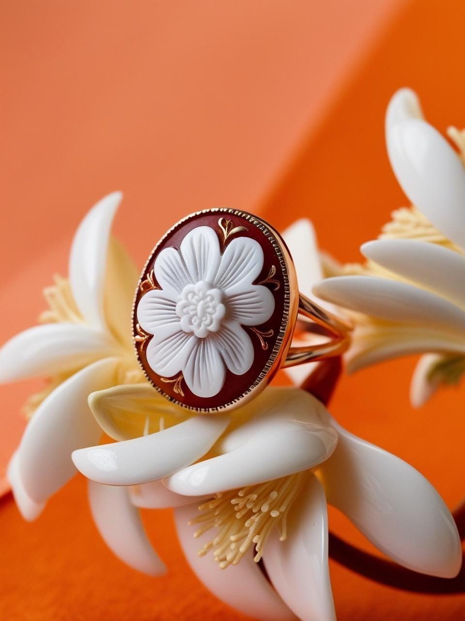 Floral Cameo Ring, made in Italy, birth flower ring, handmade ring, waterproof jewelry, unique handmade gift for daughter, 18K gold ring