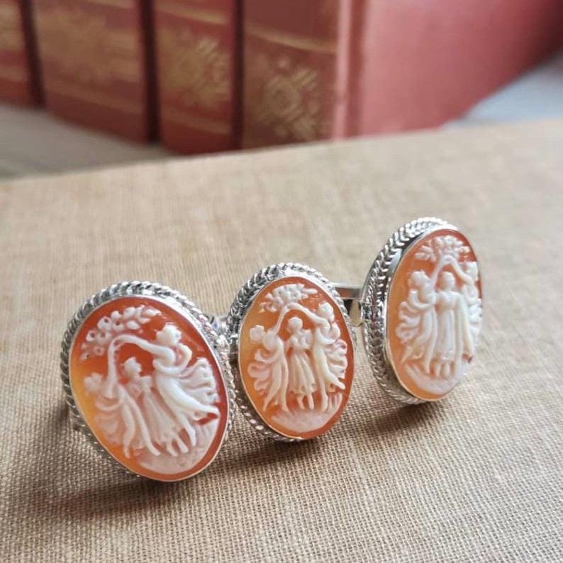 The Three Graces, cameo ring, silver sterling 925 adjustable band, waterproof ring, handmade cameo, genuine handmade in Italy, Charites ring