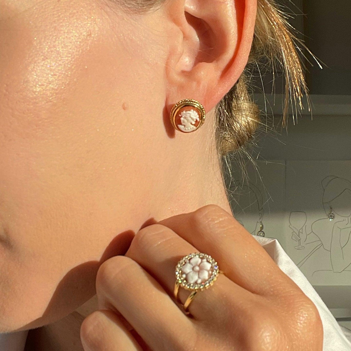 18K gold earrings, Cameo earrings, wedding anniversary gift, bridal jewelry, custom unique gift, camée, waterproof stud earrings, Italian