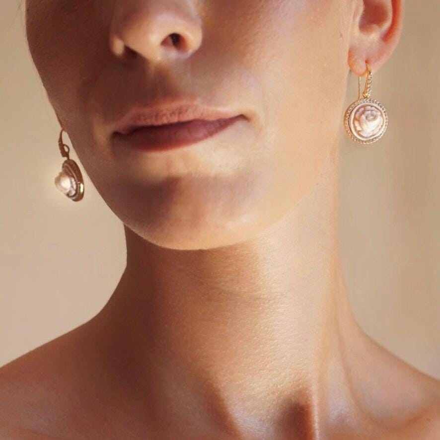 Silver Cameo earrings, drop earrings, glam earrings, wedding, anniversary gift, made in Italy, custom gift for her, bridal jewellery, cameo