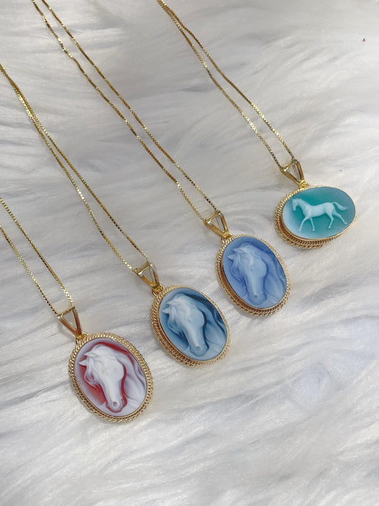 Horse cameo necklace - blue