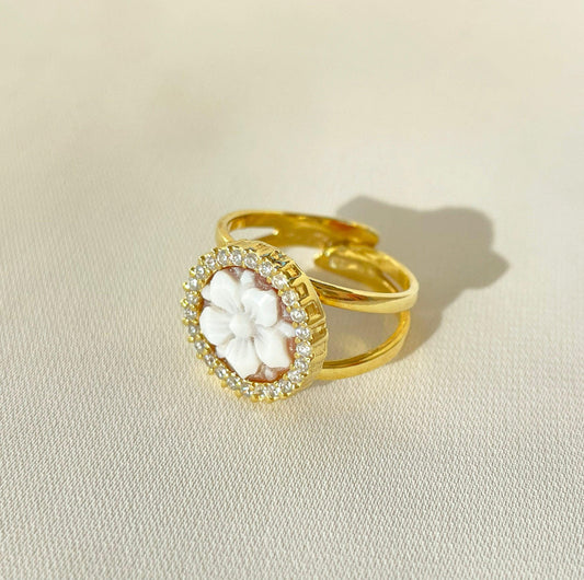 18K gold ring, Handmade cameo ring, Italian, anniversary gift, adjustable ring, minimalistic ring, birth flower jewelry, waterproof ring